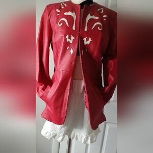 Pamela McCoy Red Leather Jacket Western Appliqué.size Small